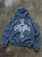 Blue Faded Hoodie – Whitebeard Jolly Roger – flat-lay | One Piece