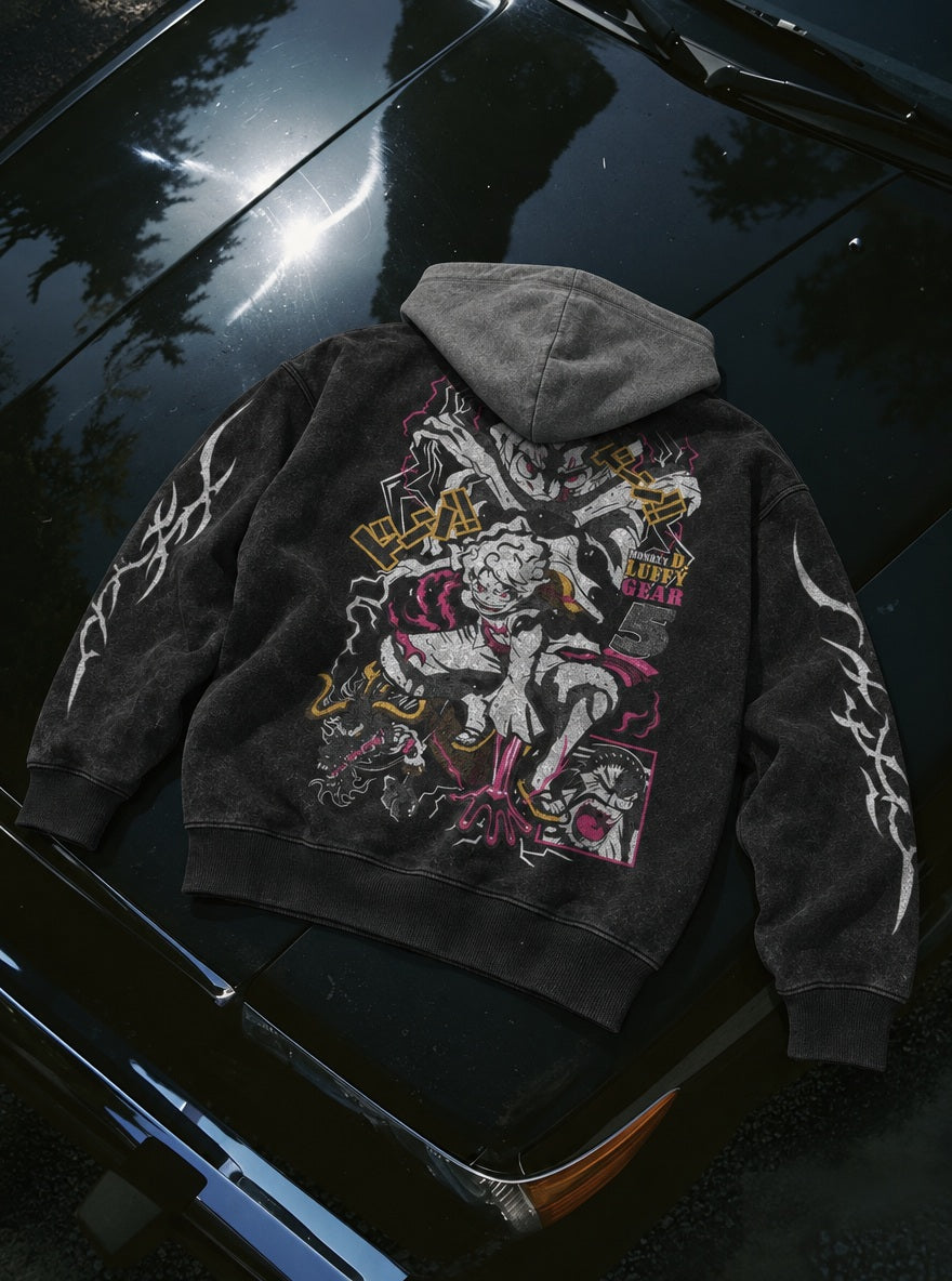 Luffy vs Kaido – Black & Grey Hoodie – flat-lay | One Piece