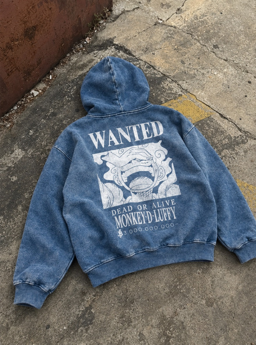 Blue Faded Hoodie – Luffy Wanted – flat-lay | One Piece