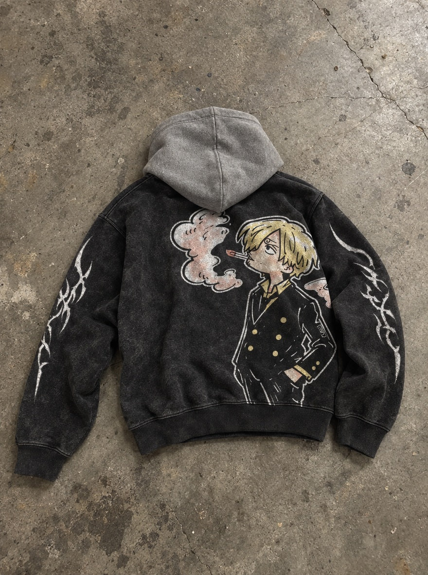 Sanji Smoke – Black & Grey Hoodie – flat-lay | One Piece
