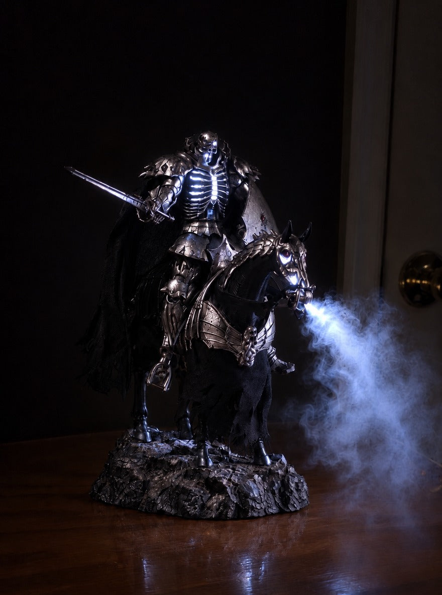 Skull Knight Mist Diffuser Figure – lit with mist in a room at night | Berserk