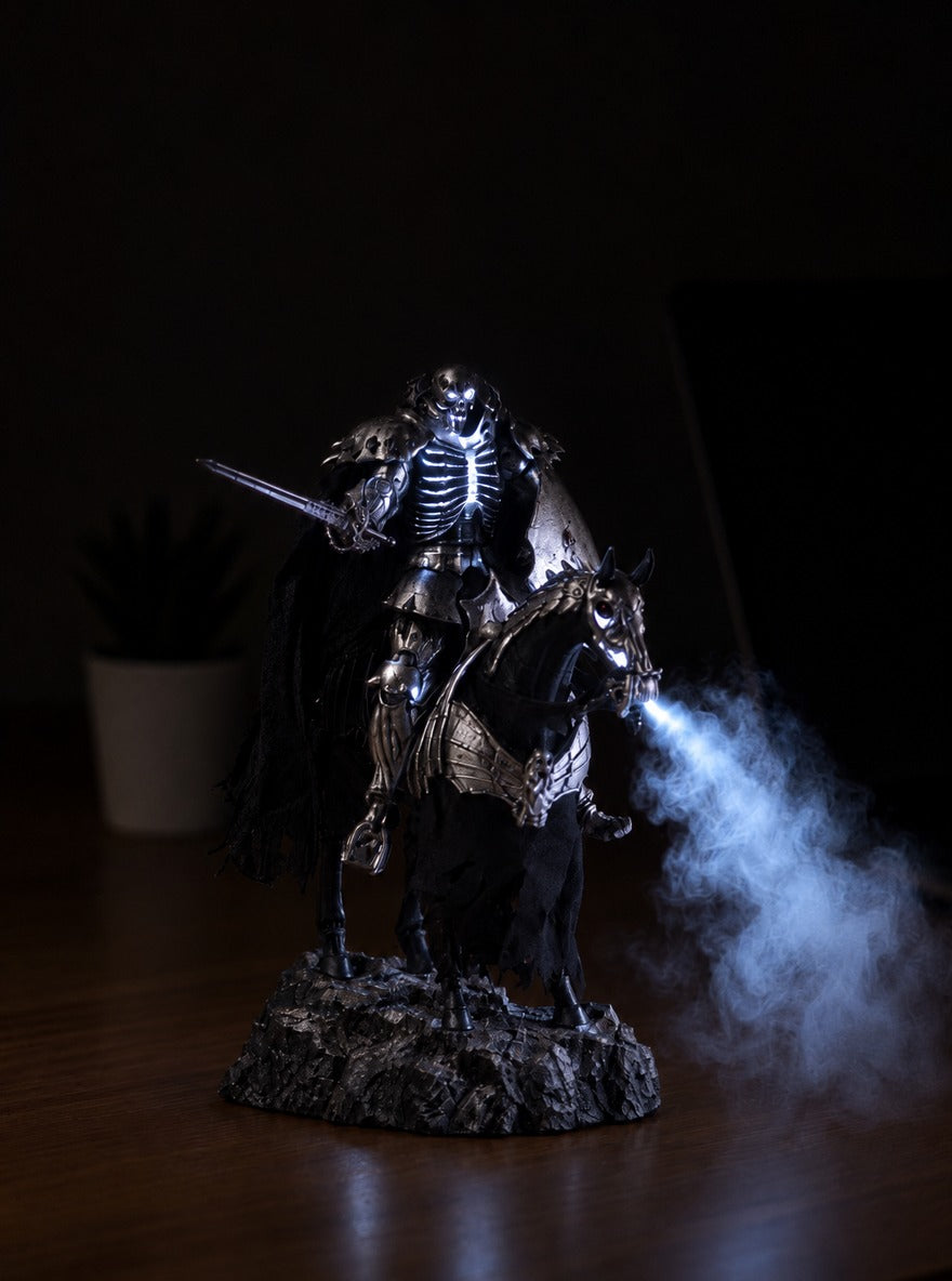 Skull Knight Mist Diffuser Figure – lit with mist in a room at night | Berserk