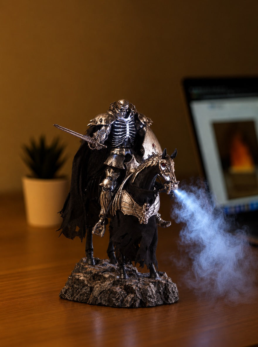 Skull Knight Mist Diffuser Figure – lit with mist in a daylight room | Berserk