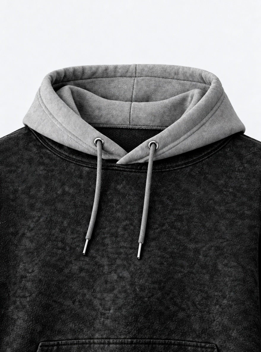 Okarun Red Aura – Black & Grey Hoodie – hood close-up | Dandadan