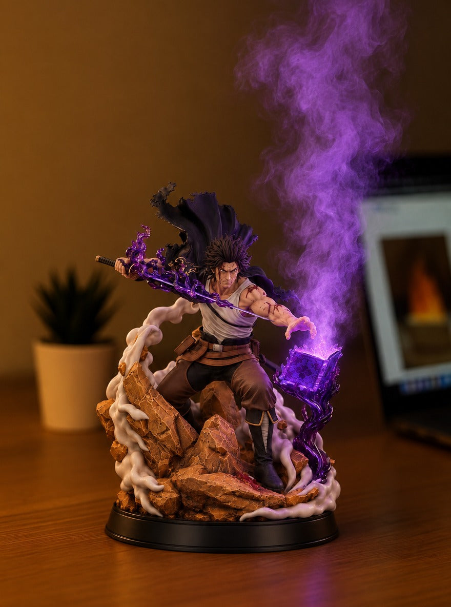 Yami Sukehiro Dark Magic Mist Diffuser Figure – lit with mist in a daylight room | Black Clover