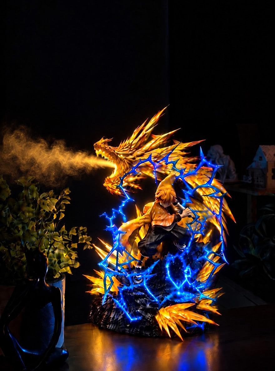 Zenitsu Thunder Dragon Mist Diffuser Figure – lit with mist in a room at night | Demon Slayer