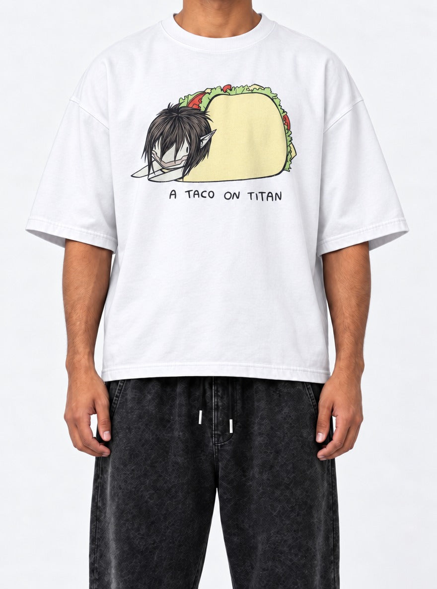 A Taco on Titan – White Tee – model shot | Meme Tees
