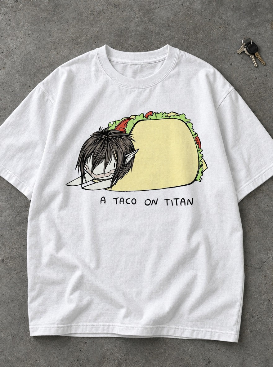 A Taco on Titan – White Tee – flat-lay | Meme Tees