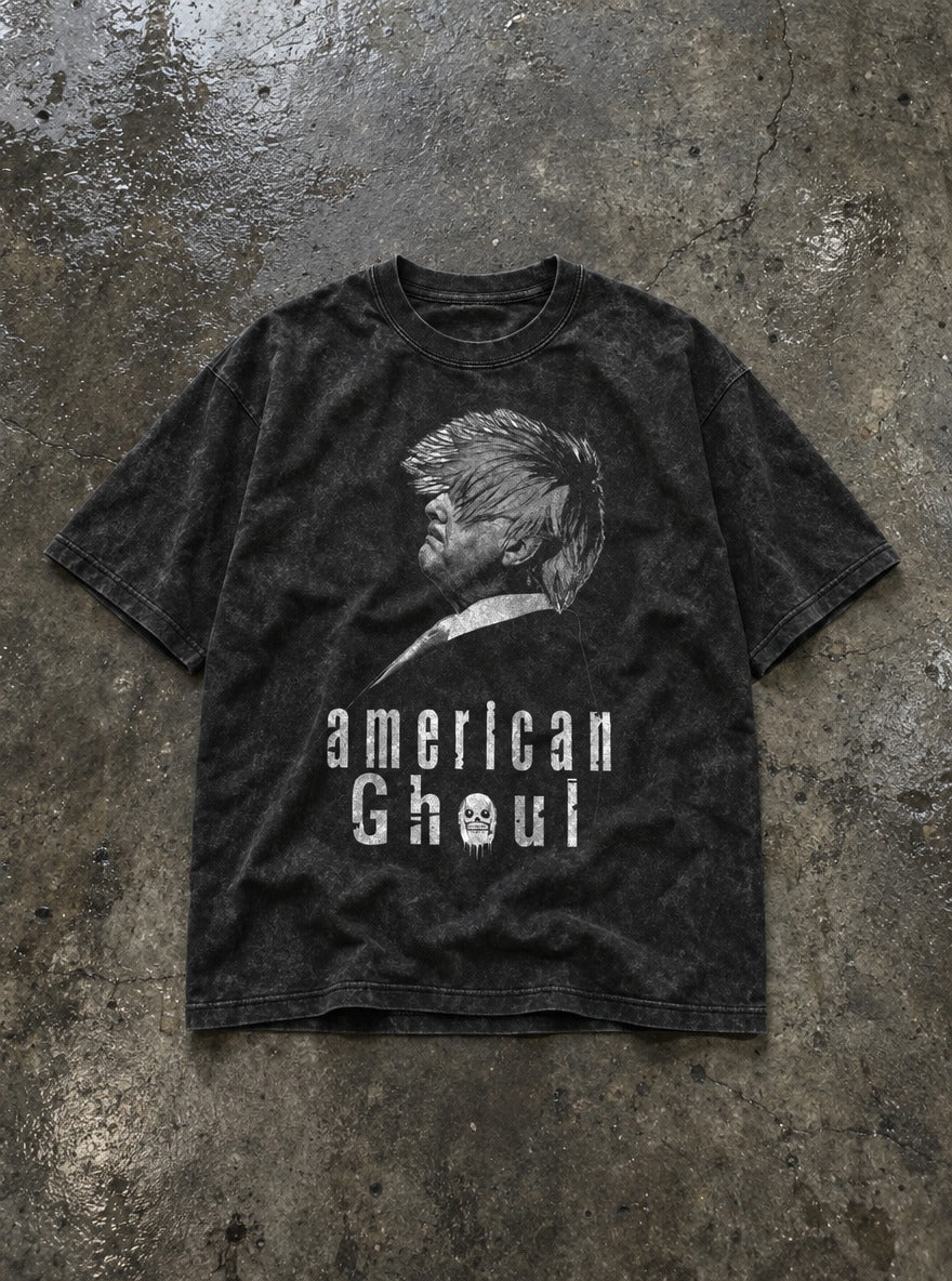 American Ghoul – Black Acid Wash Tee – flat-lay | Meme Tees