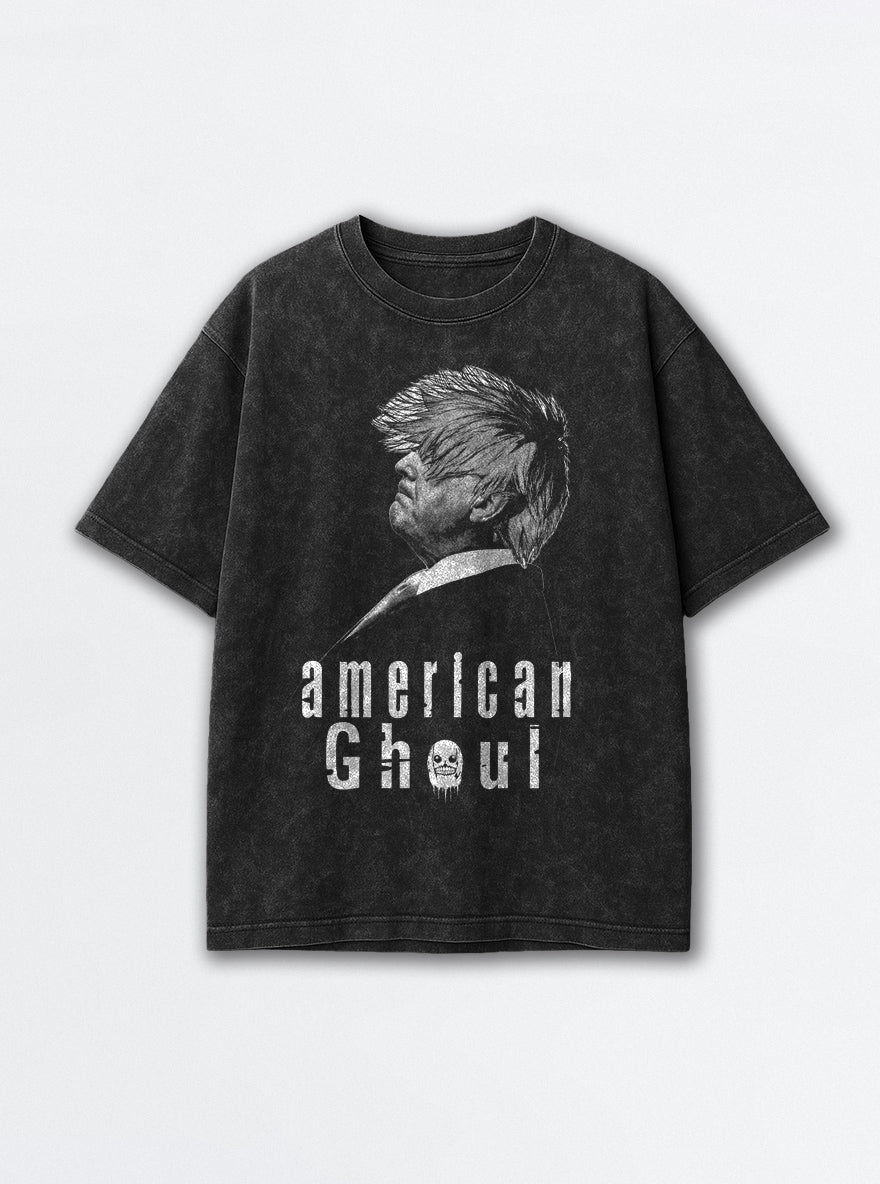 American Ghoul – Black Acid Wash Tee – mockup | Meme Tees