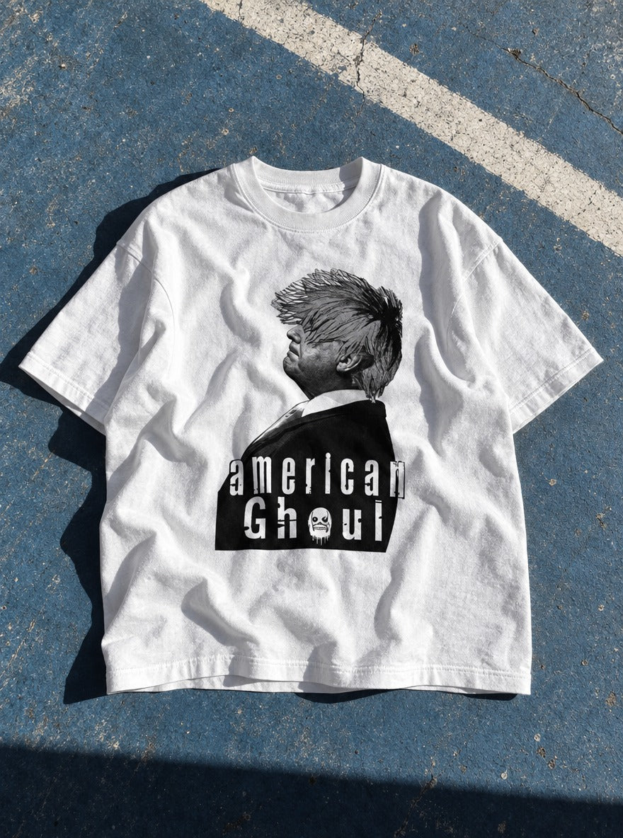 American Ghoul – White Tee – flat-lay | Meme Tees