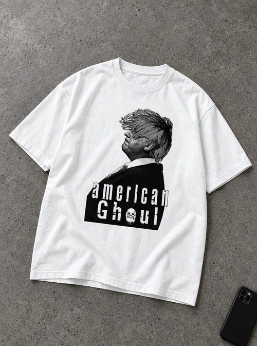 American Ghoul – White Tee – flat-lay | Meme Tees