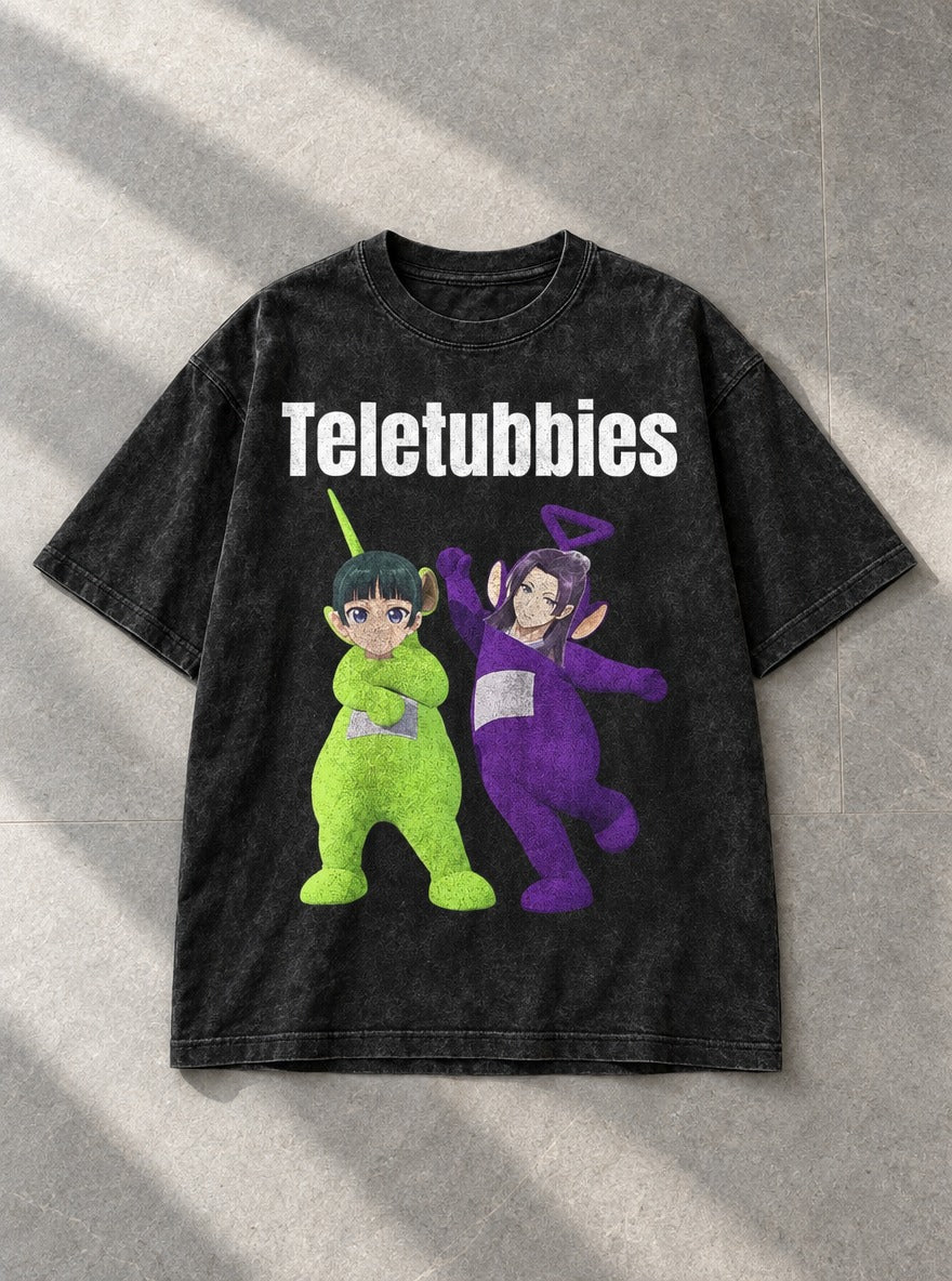 Apothecary Teletubbies – Black Acid Wash Tee – flat-lay | Apothecary Diaries