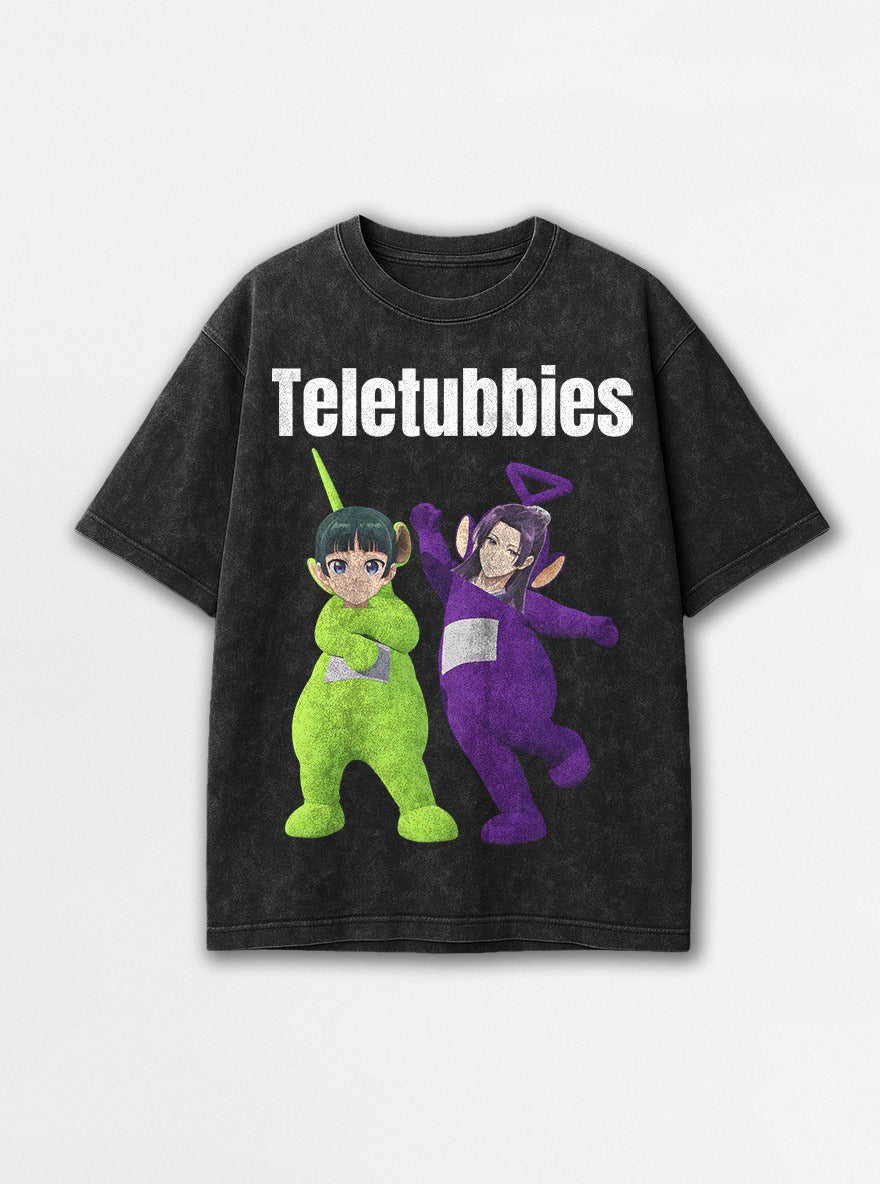 Apothecary Teletubbies – Black Acid Wash Tee – mockup | Apothecary Diaries