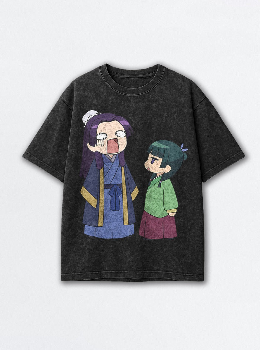 Chibi Jinshi & Maomao – Black Acid Wash Tee – mockup | Apothecary Diaries