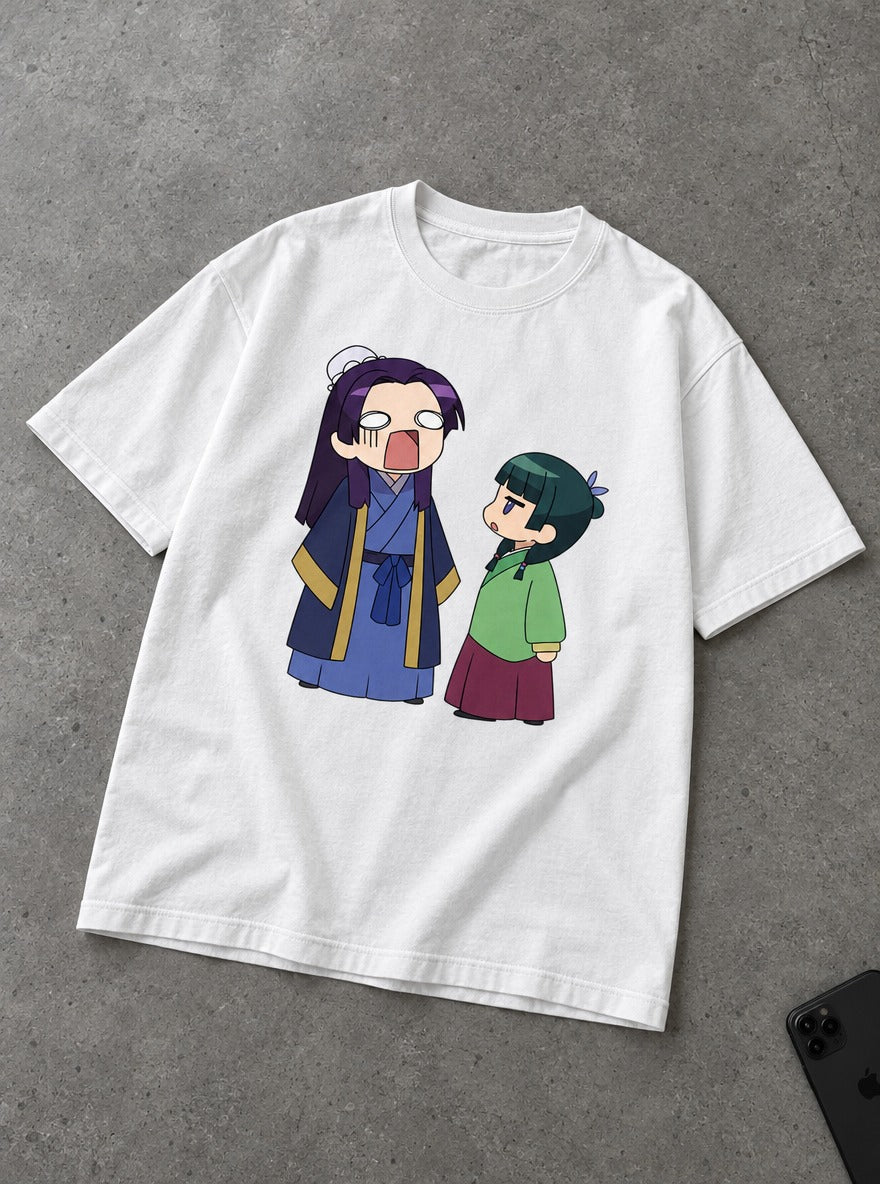 Chibi Jinshi & Maomao – White Tee – flat-lay | Apothecary Diaries