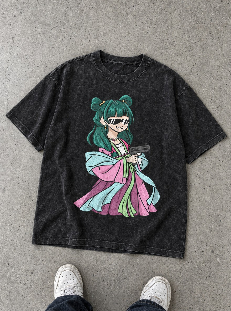 Deal With It Maomao – Black Acid Wash Tee – flat-lay | Apothecary Diaries