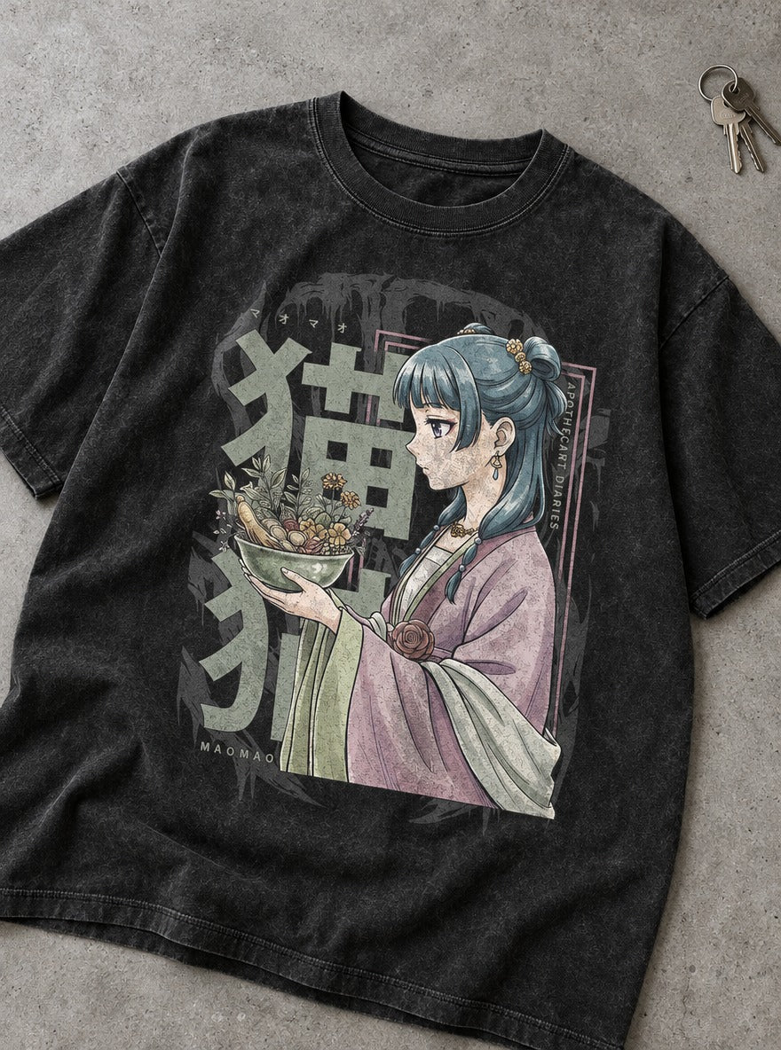 Maomao Herbs Poster – Black Acid Wash Tee – flat-lay | Apothecary Diaries