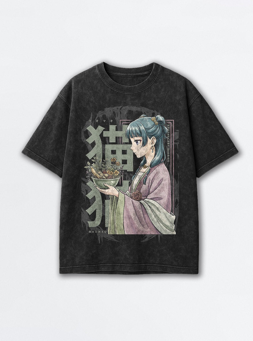 Maomao Herbs Poster – Black Acid Wash Tee – mockup | Apothecary Diaries