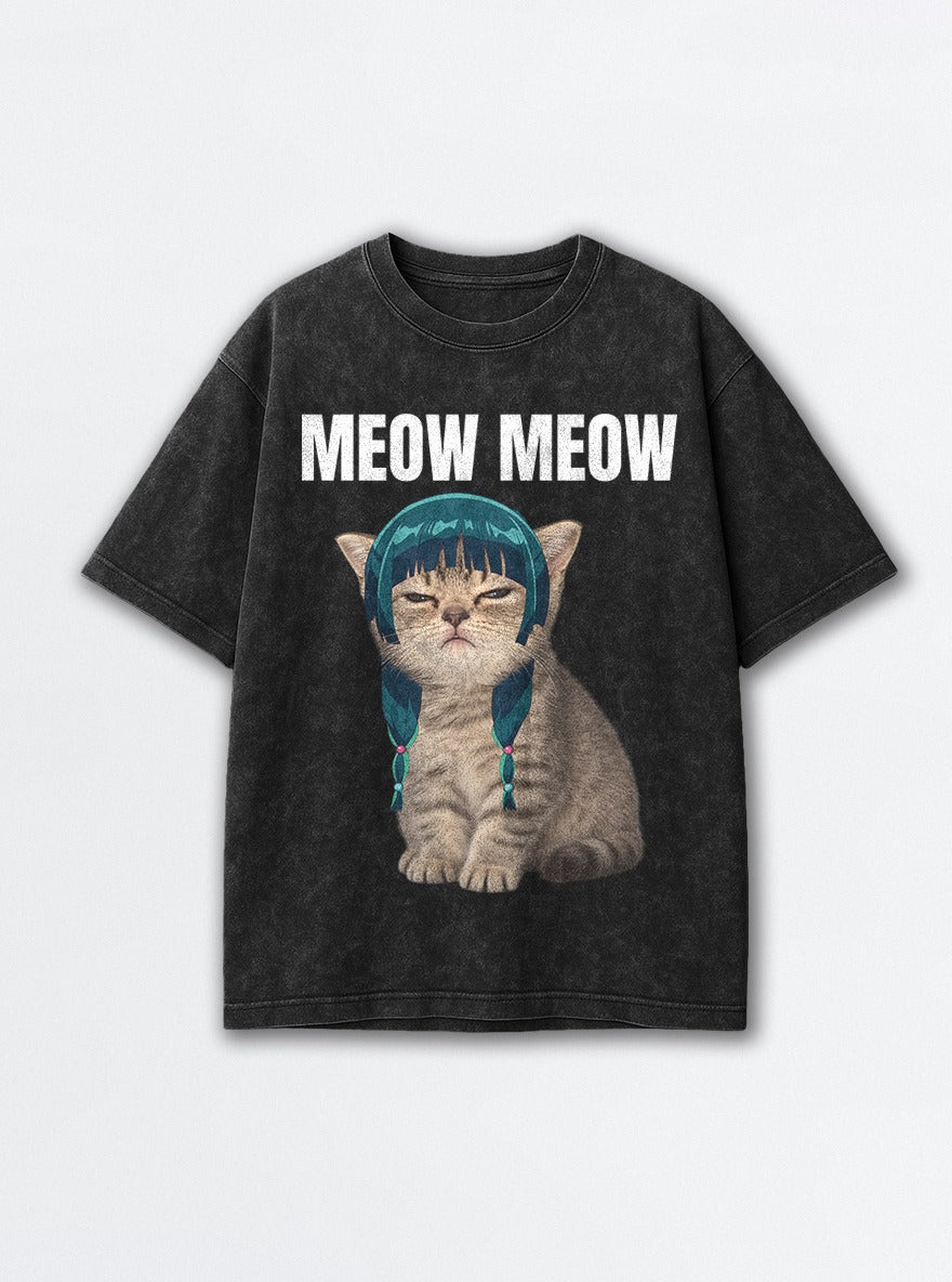 Meow Meow – Black Acid Wash Tee – mockup | Apothecary Diaries
