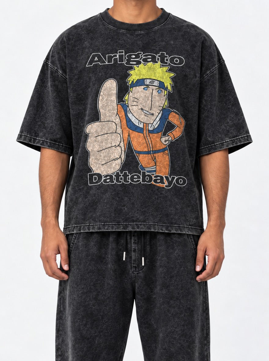 Arigato Dattebayo – Black Acid Wash Tee – model shot | Meme Tees