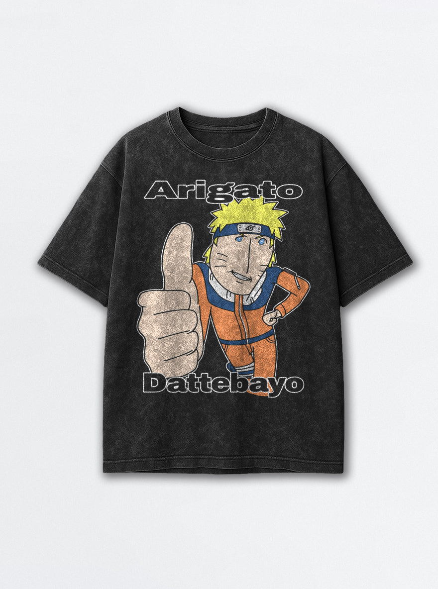 Arigato Dattebayo – Black Acid Wash Tee – mockup | Meme Tees