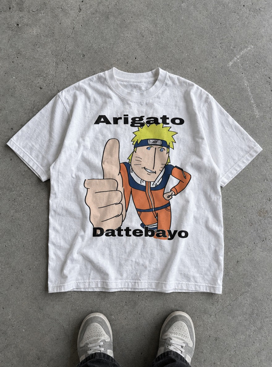 Arigato Dattebayo – White Tee – flat-lay | Meme Tees