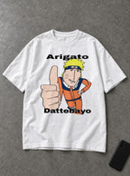 Arigato Dattebayo – White Tee – flat-lay | Meme Tees