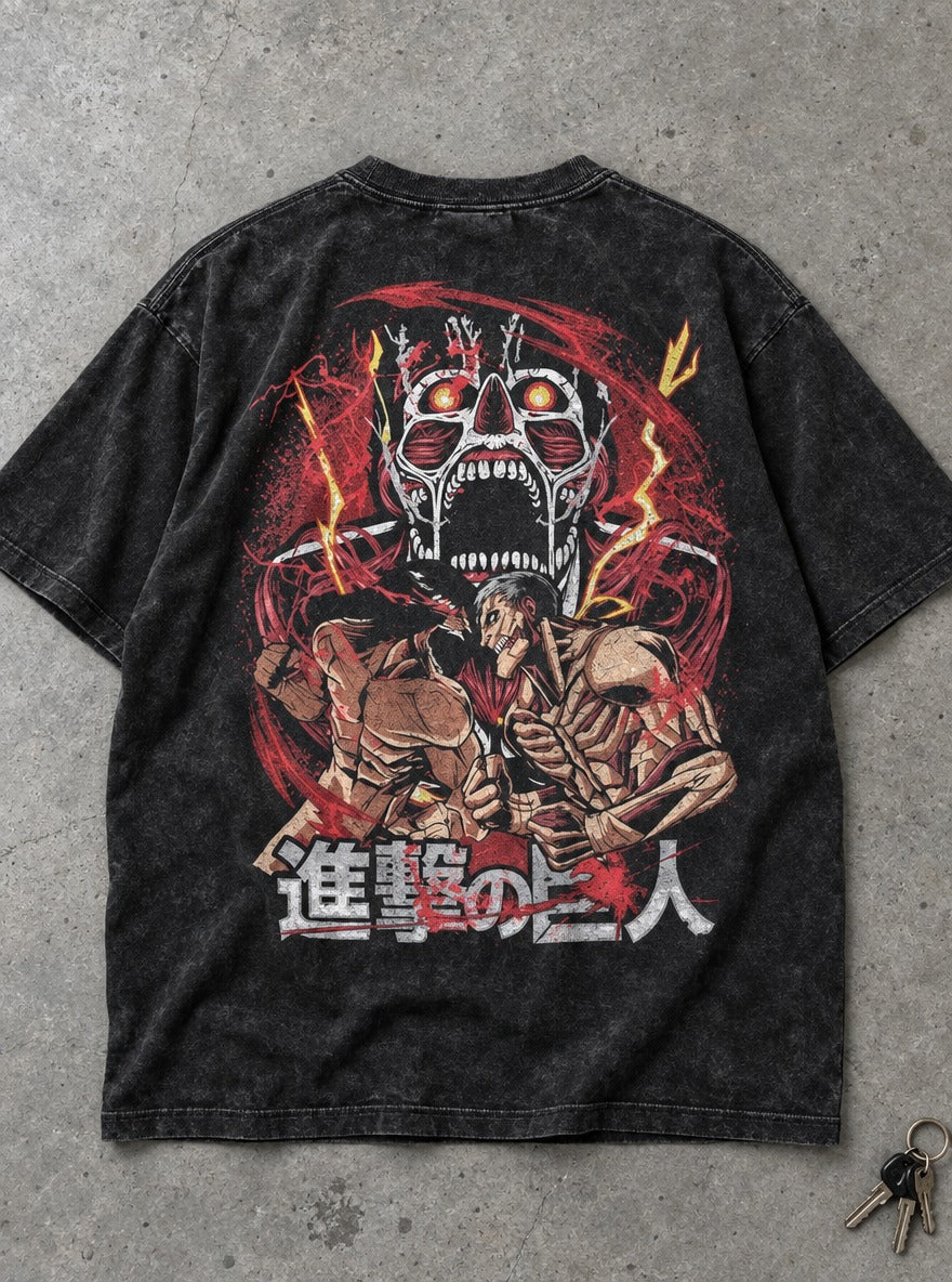 Eren vs Reiner – T-Shirt – flat-lay | Attack on Titan