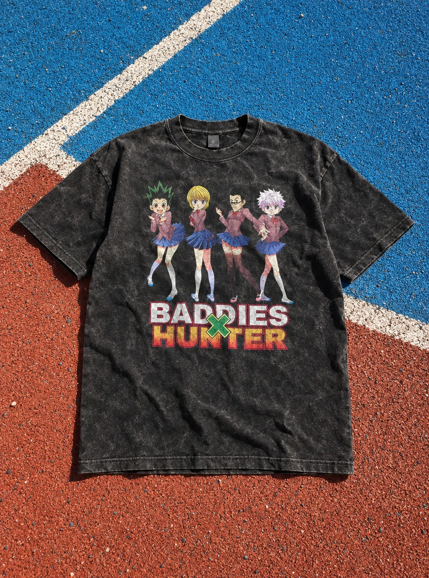 Baddies x Hunter – Black Acid Wash Tee – flat-lay | Meme Tees