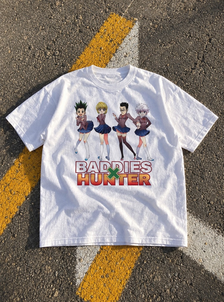 Baddies x Hunter – White Tee – flat-lay | Meme Tees