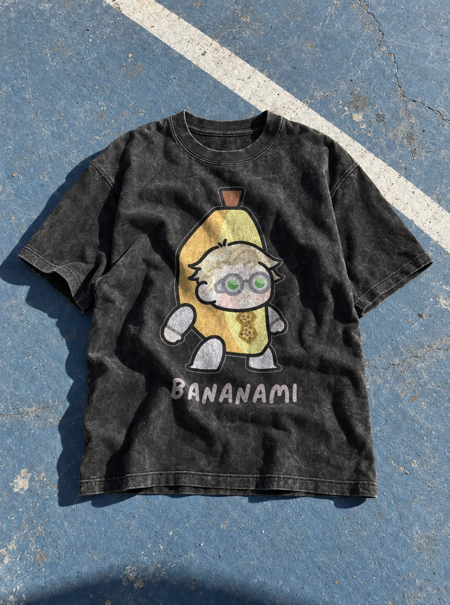 Bananami – Black Acid Wash Tee – flat-lay | Meme Tees