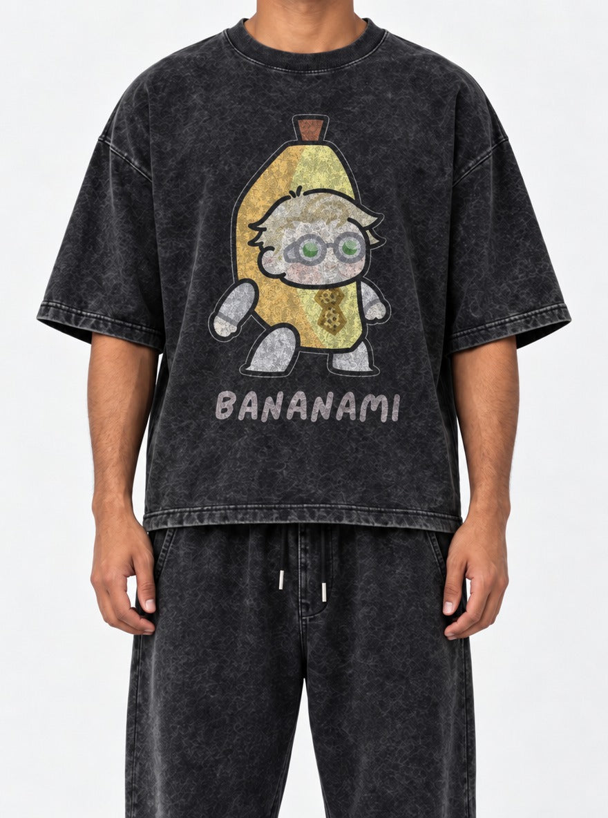 Bananami – Black Acid Wash Tee – model shot | Meme Tees