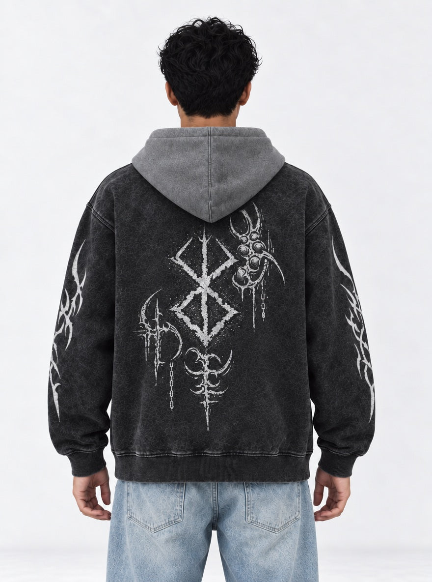 Chained Brand Sigil – Black & Grey Hoodie – model shot | Berserk