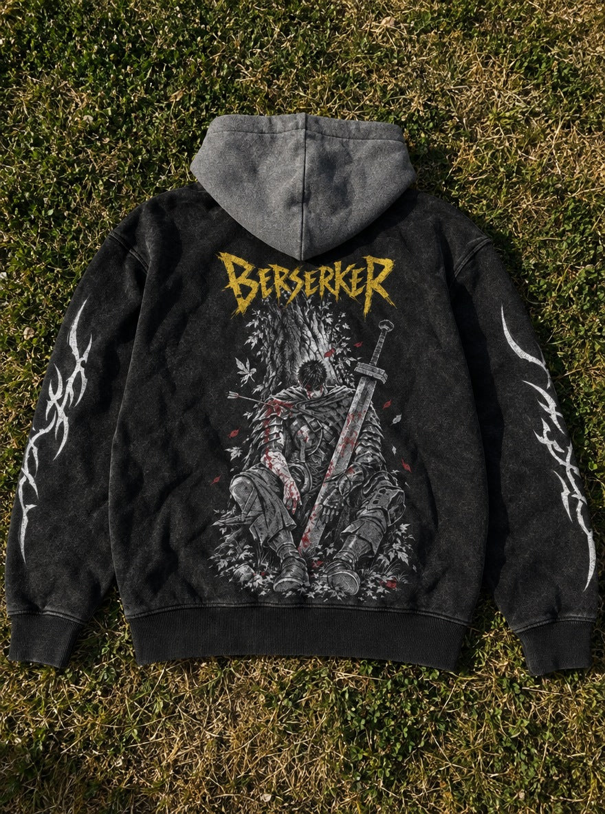 Berserker Yellow Title – Black & Grey Hoodie – flat-lay | Berserk