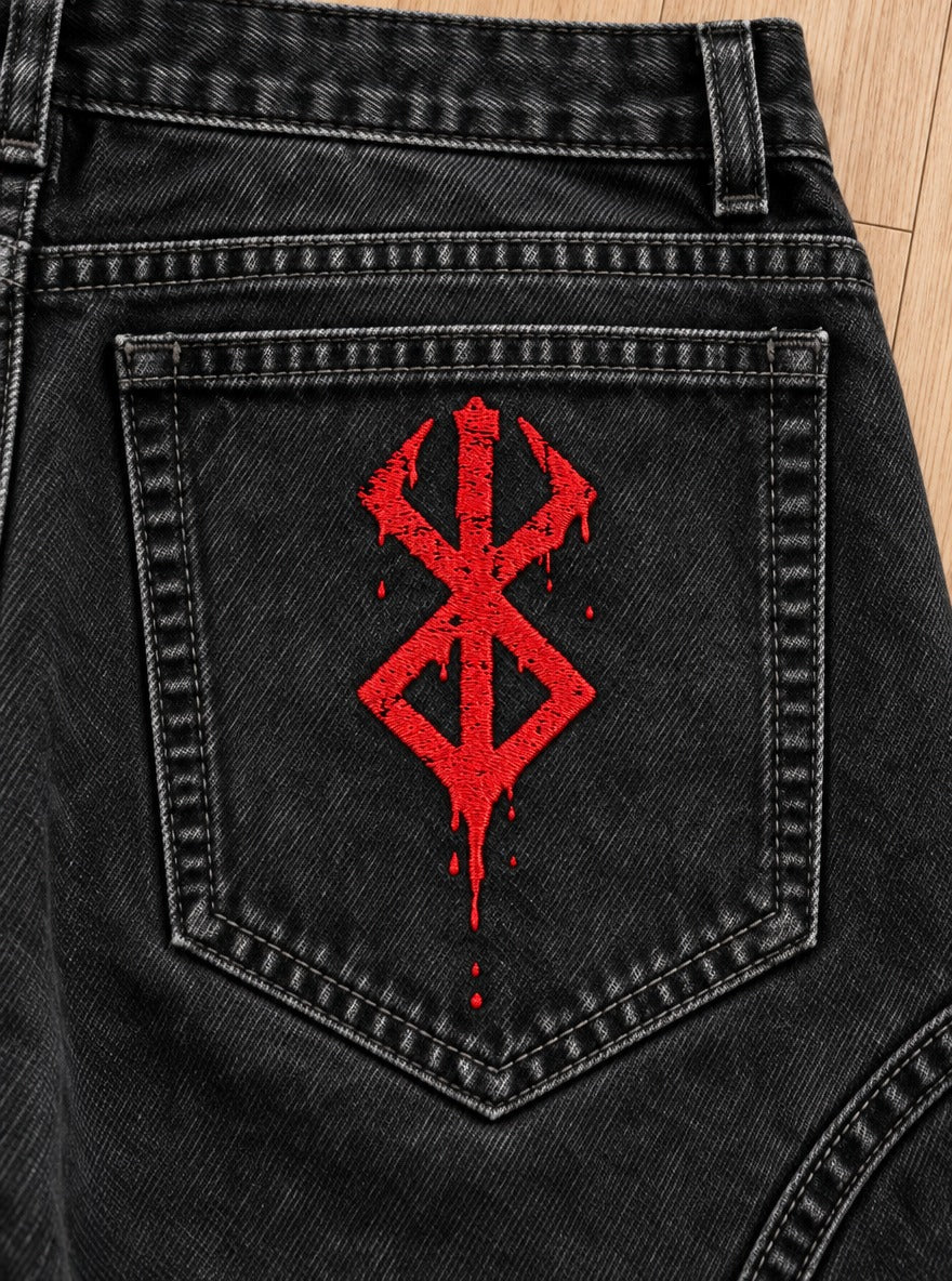 Berserk Embroidered Pocket Jeans – Bleeding Brand – embroidery close-up | Berserk