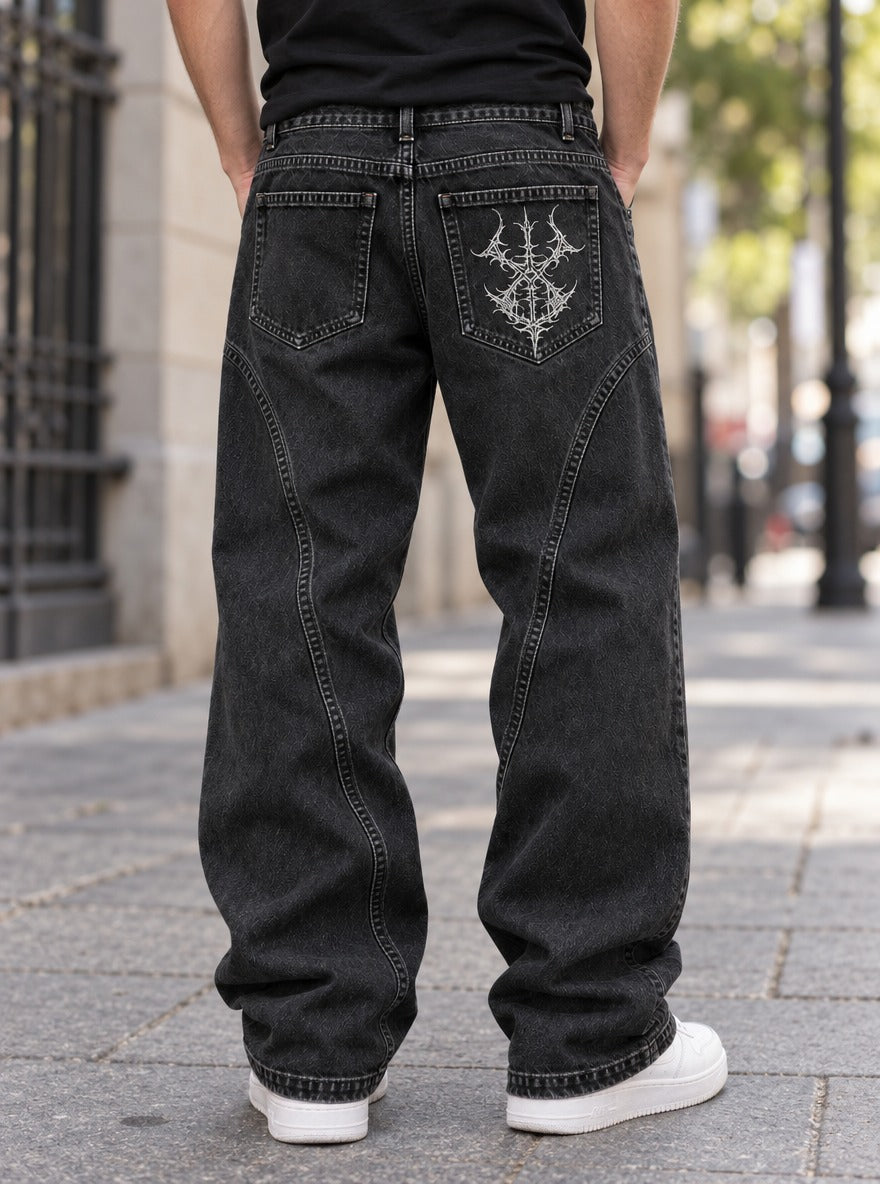 Berserk Embroidered Pocket Jeans – Thorn Brand – worn back view | Berserk