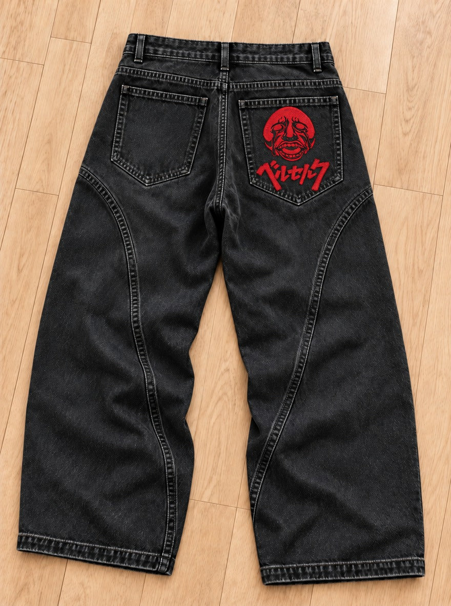 Berserk Embroidered Pocket Jeans – Behelit Face – back flat-lay | Berserk