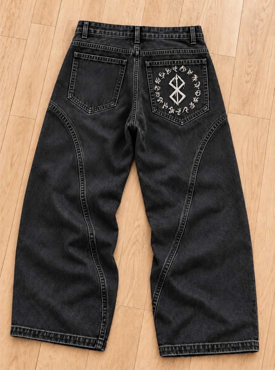 Berserk Embroidered Pocket Jeans – Brand Runes – back flat-lay | Berserk