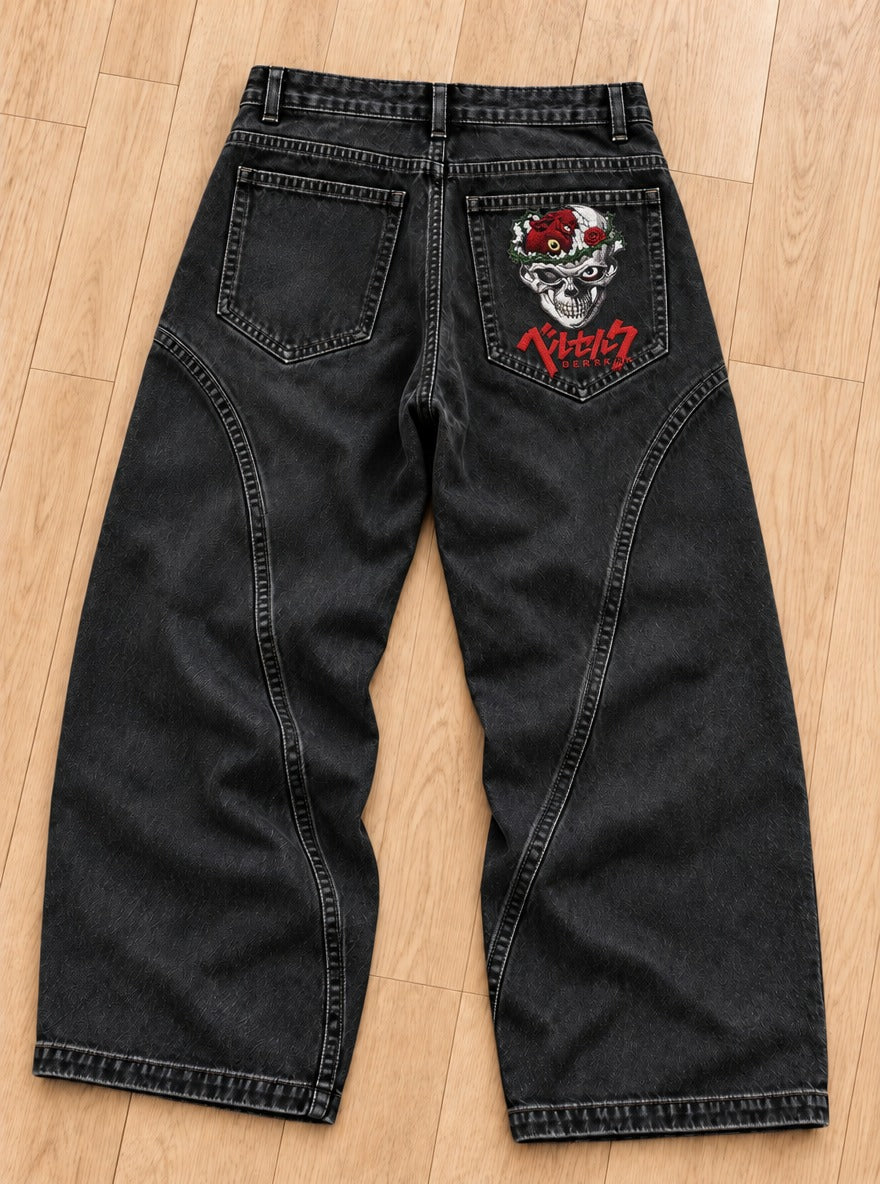 Berserk Embroidered Pocket Jeans – Skull Knight Rose – back flat-lay | Berserk