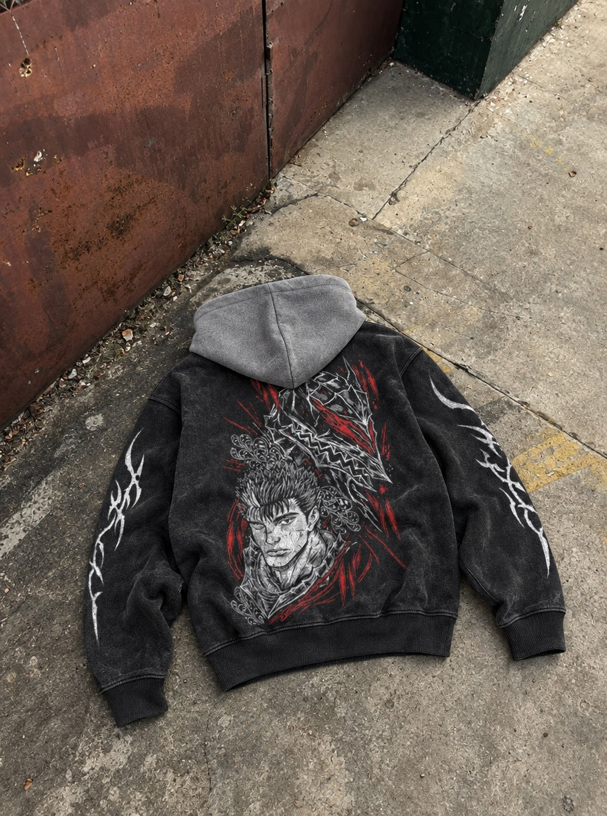 Guts Helm Portrait – Black & Grey Hoodie – flat-lay | Berserk