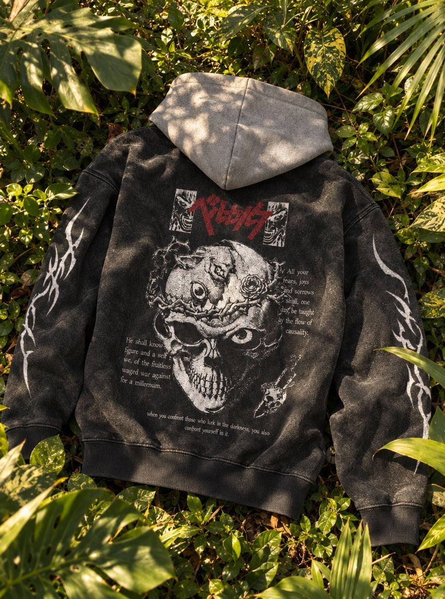 Skull Quote – Black & Grey Hoodie – flat-lay | Berserk