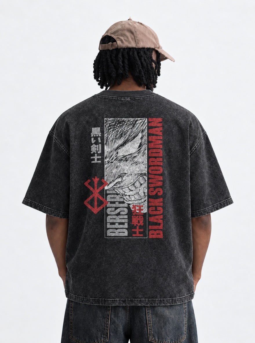 Black Swordsman Banner – T-Shirt – model shot | Berserk