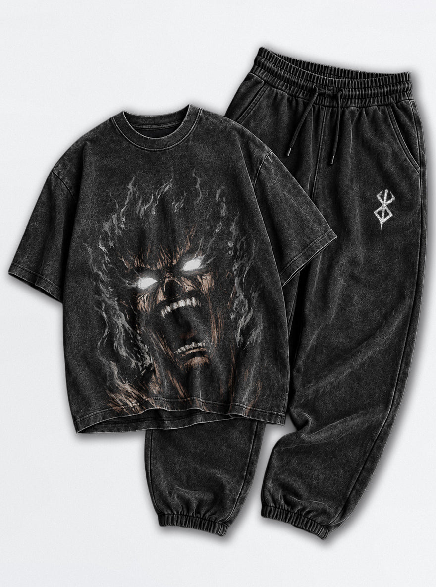 Black Swordsman Tee & Joggers Combo – Guts Rage Scream – mockup | Berserk