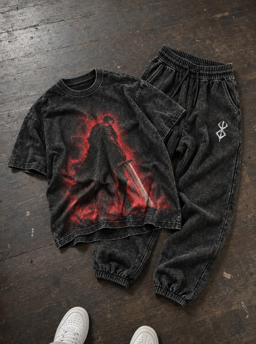 Black Swordsman Tee & Joggers Combo – Crimson Aura Guts – flat-lay | Berserk