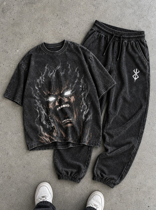 Black Swordsman Tee & Joggers Combo – Guts Rage Scream – flat-lay | Berserk