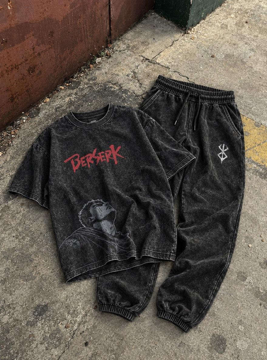 Black Tee & Joggers Combo – Skyward Guts – flat-lay | Berserk