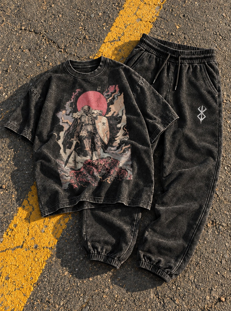 Black Tee & Joggers Combo – Skull Knight Sunset – flat-lay | Berserk