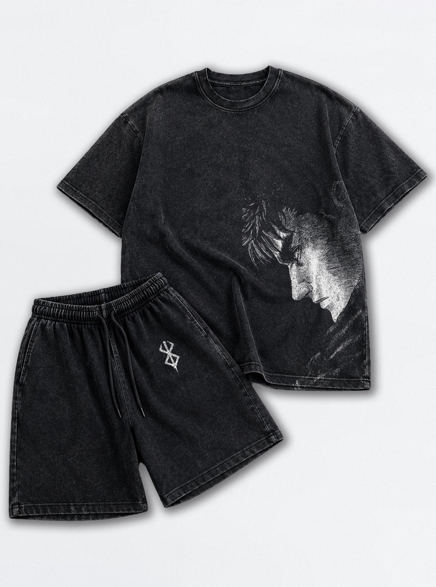Black Tee & Shorts Combo – Bowed Head Guts – mockup | Berserk