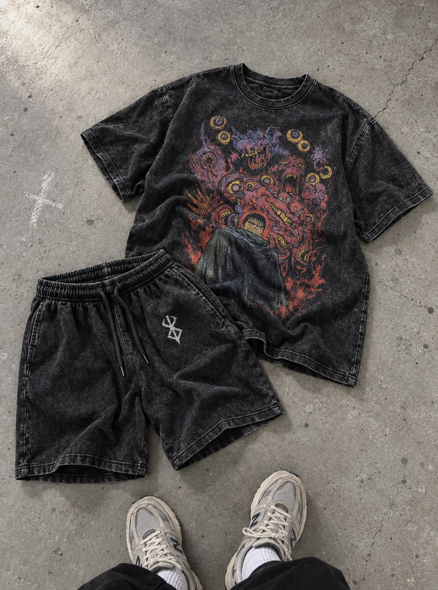 Black Tee & Shorts Combo – Guts Demon Swarm – flat-lay | Berserk